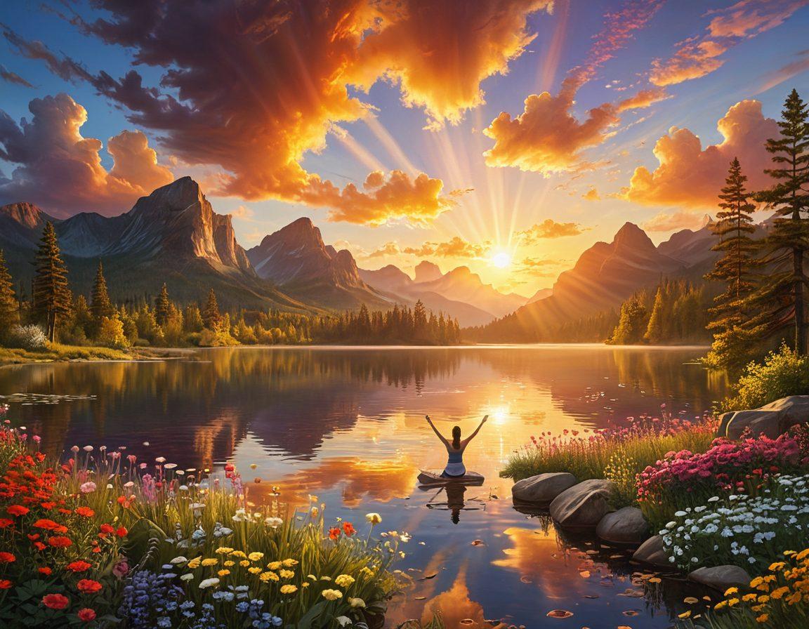A serene landscape depicting a sunrise over a peaceful lake, symbolizing contentment, with vibrant rays shining down. In the foreground, a figure with arms raised in joy, surrounded by colorful flowers representing gratitude. In the sky, playful clouds shaped like hearts to illustrate elation. Include soft colors blending harmoniously to evoke a sense of peace and happiness. super-realistic. vibrant colors. warm tones.