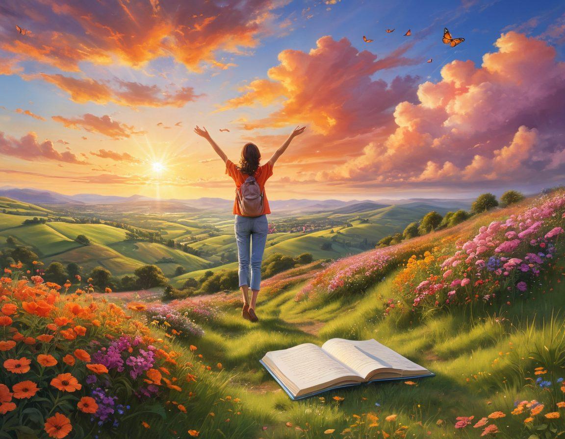 A joyful person standing on a beautiful hillside, arms outstretched towards a bright sunrise, surrounded by colorful flowers and butterflies. The scene should exude positivity and gratitude, with a clear sky and soft clouds enhancing the uplifting atmosphere. Incorporate elements like a notepad and pen placed nearby, depicting the 10 steps to a cheerful life. vibrant colors. super-realistic.