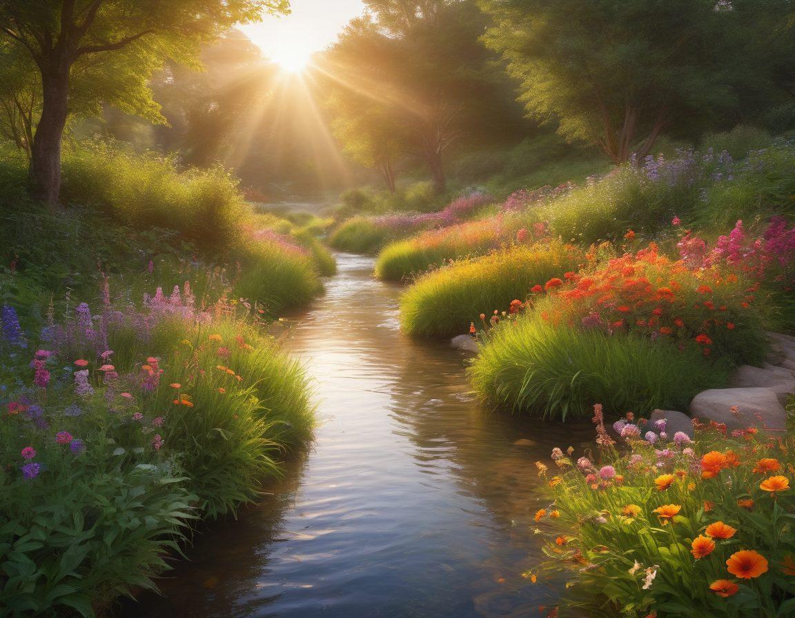A serene landscape at sunrise, showing a diverse group of people joyfully practicing gratitude, with hands raised and smiling faces. Lush greenery, flowers blooming, and a gentle stream flowing in the background, symbolizing peace and happiness. Soft, warm colors to evoke a sense of cheerfulness and joy. super-realistic. vibrant colors. tranquil atmosphere.